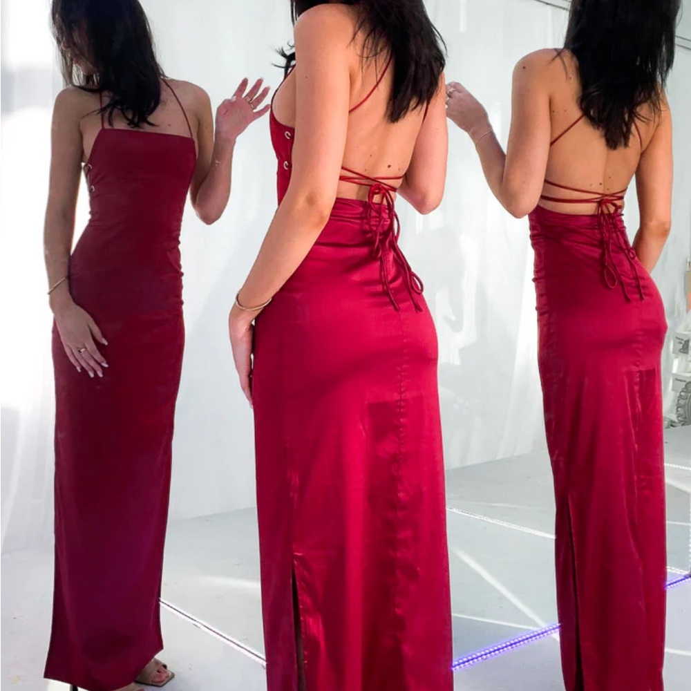 Beginning Boutique Red Slip Dress with Slit